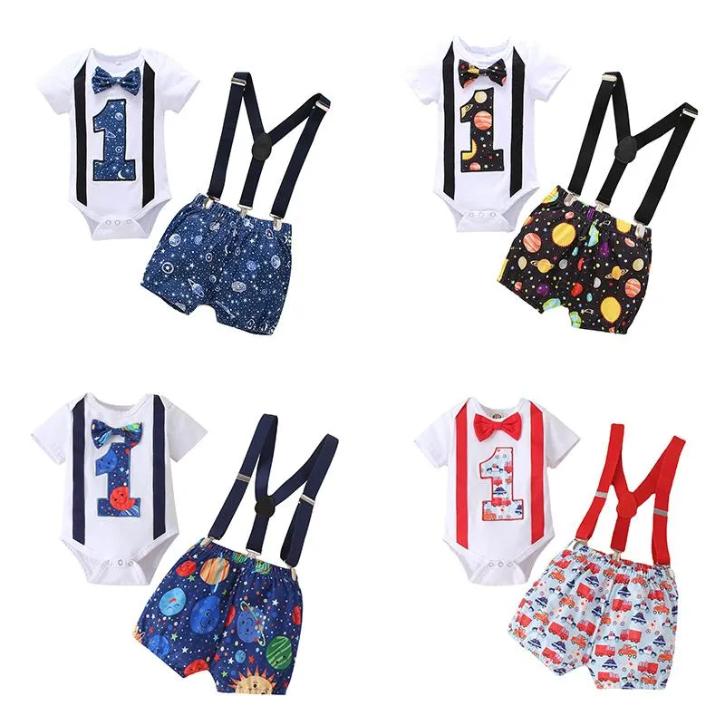 Clothing Sets Baby Boy Clothes One Year Birthday Costume Boys Gentleman Tie Romper Straps Shorts Child Wedding Suit ClothesClothing Clothing