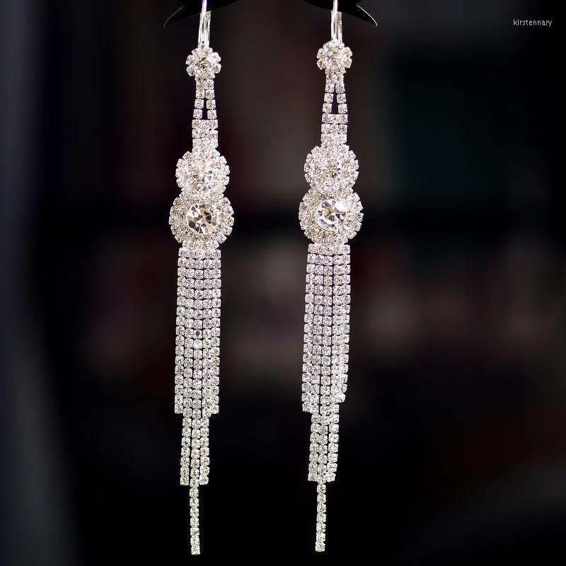 Hoop & Huggie Korean Temperament Long Bridal Rhinestone Tassel Earrings Exaggerated Personality Pierced EarringsHoop Kirs22