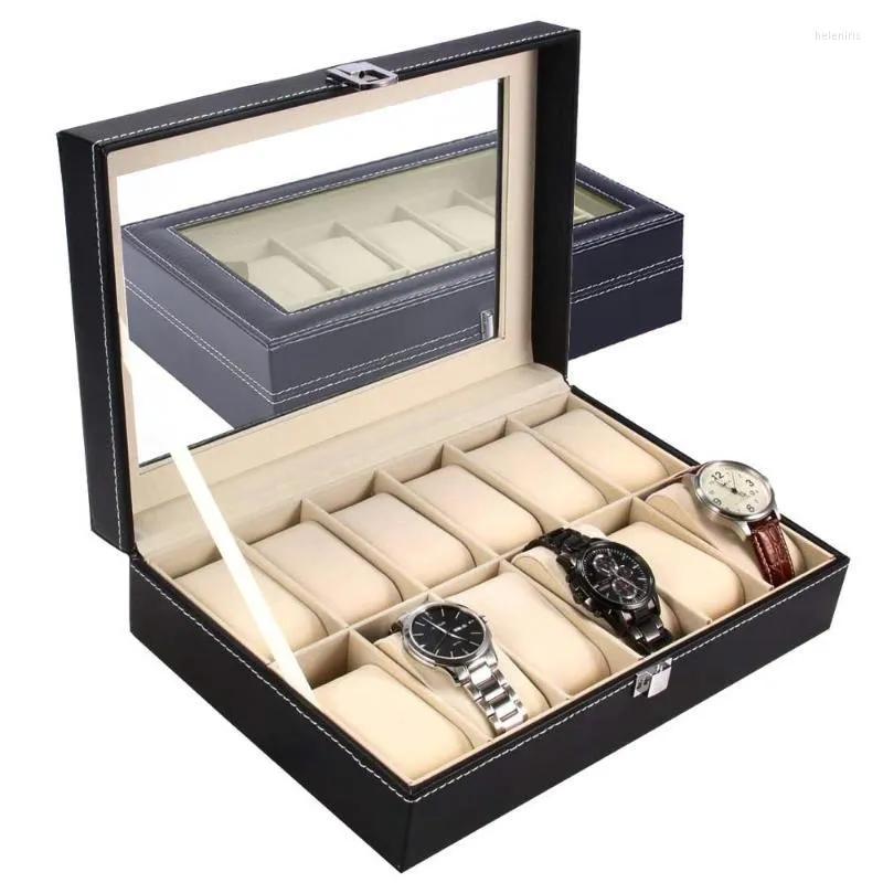 Bekijk dozen Cases Large 6/10/12 Grids Pu Leather Box Storage Professional Holder Organisator voor horloges Jewelry Case Display Blackwatch Hel