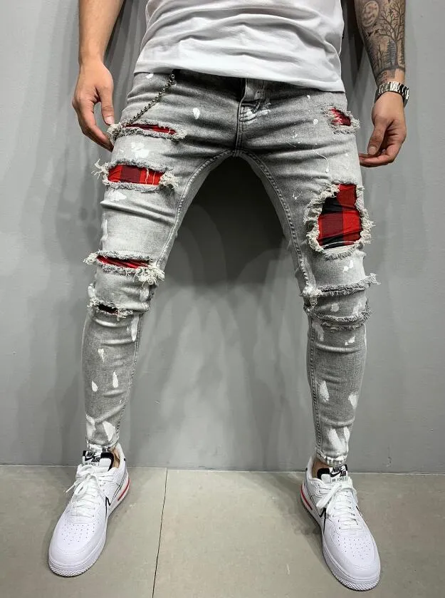 2023 Brand Luxury heren jeans geborduurd gewatteerde jeans, skinny jeans, elastische riem, elastische riem, joggordel