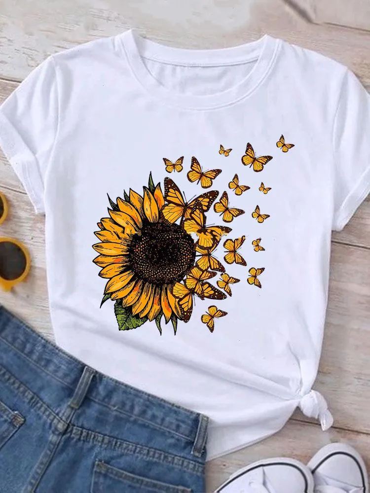 Graphic T Shirt Słoneflower Butterfly Śliczne letnie odzież swobodna odzież Kobiety z krótkim rękawem Drukuj ubrania modowe koszulka T-shirt żeński top