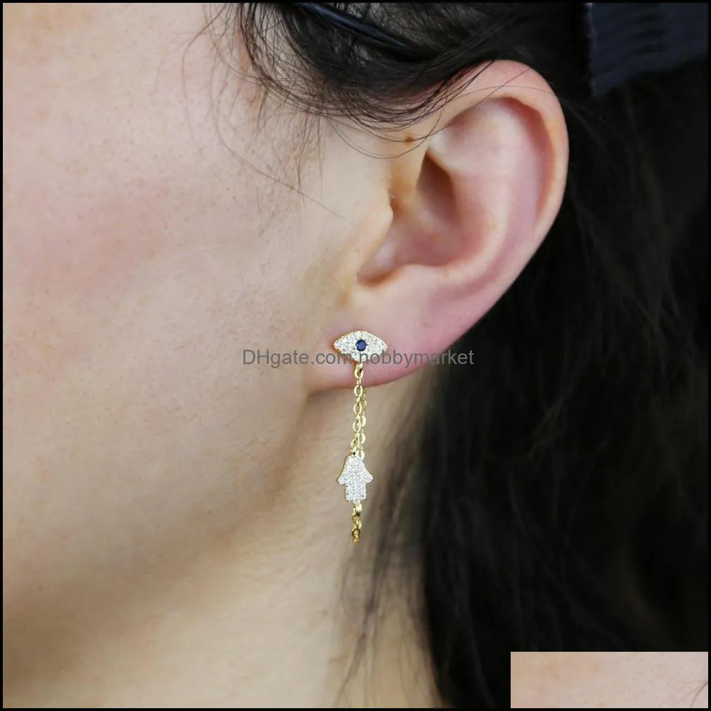 New Styles Real 925 Sterling Silver hoop earring with Tassel Chain Earrings Cz Paved Moon Star Eye Hamsa Charm Jewelry Wholesale