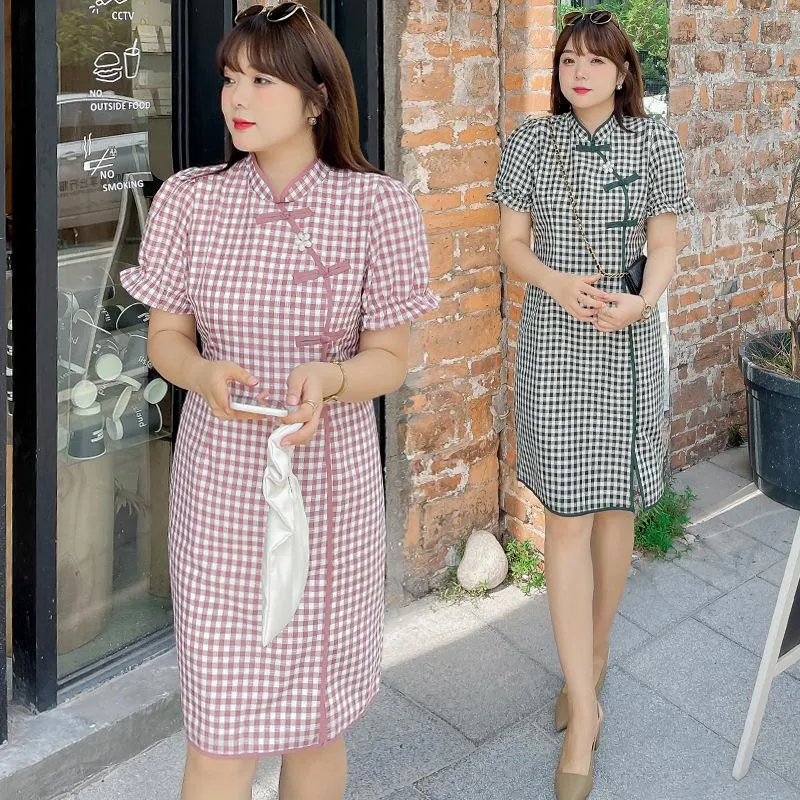 Vestidos de tallas grandes Mujer Verano Retro Cheongsam mejorado Cintura alta Vestido delgado a cuadros Vestido grande