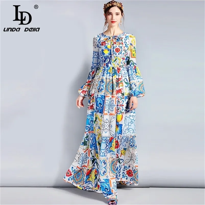 LD LINDA DELLA Fashion Designer Maxi Dress 5XL Plus size Women s Long Sleeve Boho Colorful Flower Print Casual Long Dress LJ200818