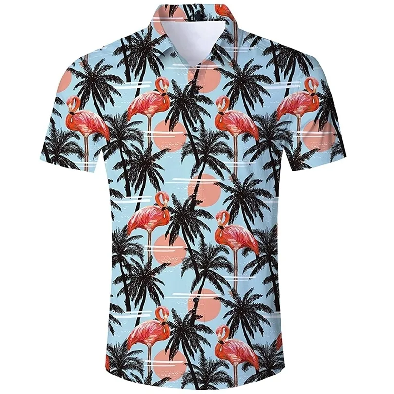 패션 남성 하와이 셔츠 꽃 3D 프린트 셔츠 남성용 캐주얼 버튼 다운 해변 휴가 여름 여름 느슨한 짧은 슬리브 셔츠 5xl 220607