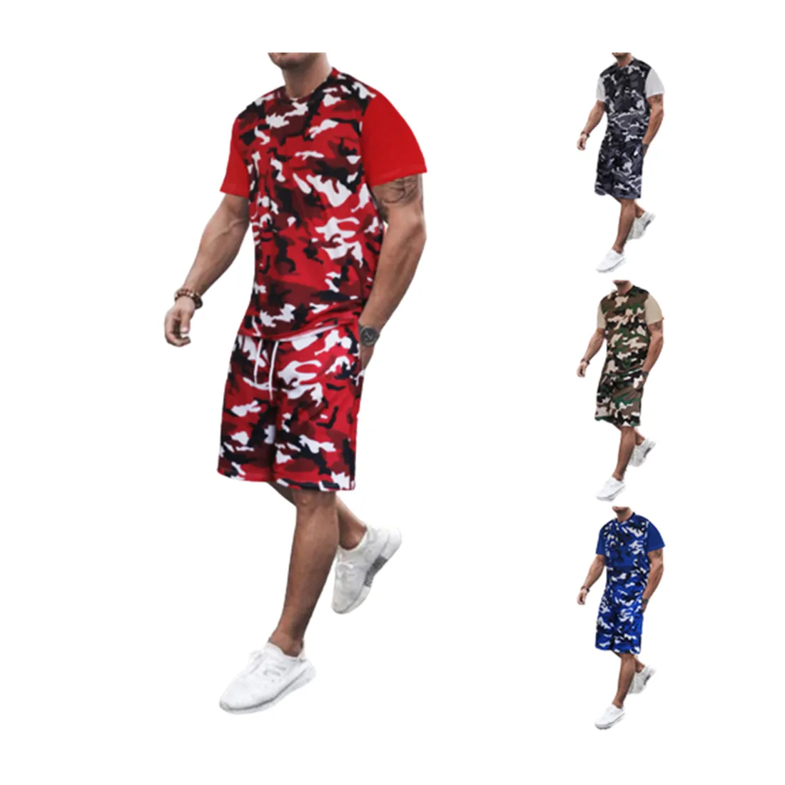 New Camouflage Splicing Tracksuits For Mens Fitness Training T shirts And Sports Drawstring Shorts Running 2 Piece Sets 2293