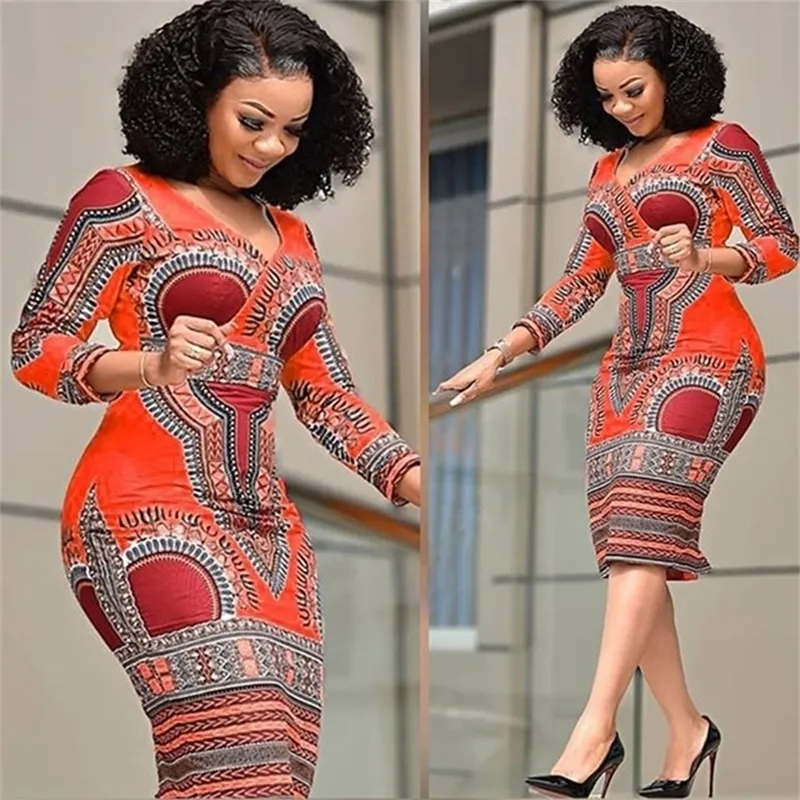 African Style Floral Print Retro Dress for Women Elegant Fashion Vneck Bodycon Plus Size Midi Long Sleeves Vestidos 220527