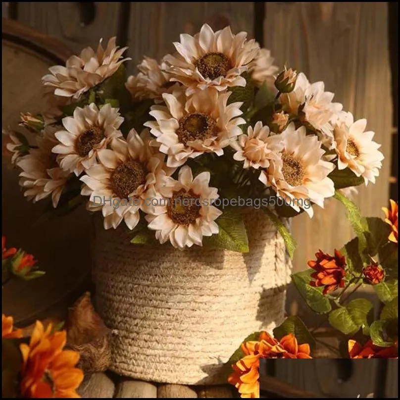 Decorative Flowers & Wreaths Artificial Sunflower Rustic Painting Style Realistic Silk Simulation Flower For Wedding Party Bouquet