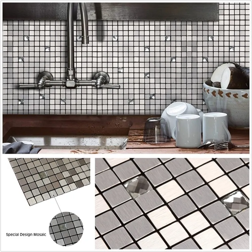 4 욕실 3D 유리 혼합자가 접착성 알루미늄 금속 모자이크 욕실 샤워 타일 주방 백스 플래시 타일 드롭 컨칭 T200601
