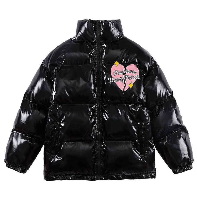 2021 Hip Hop Jacket Parka Japanese Cracked Love Letter Print Streetwear Men Windbreaker Harajuku Winter Coat Warm Shiny Outwear T220802
