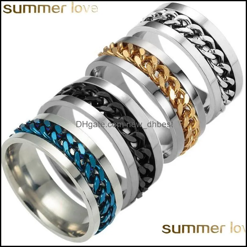 New Creative Design Men`s Ring Stainless Steel Gold Black Silver Multi-color Chain Rotatable Rings Finger Fashion Jewelry Wholesale