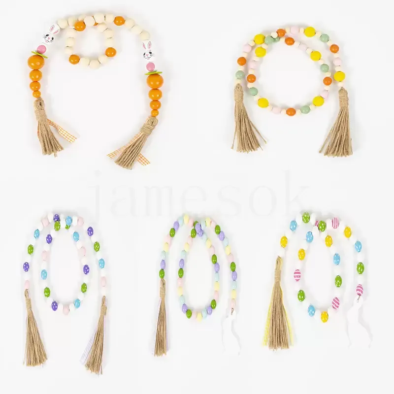 Party Favorit Påsk Trä Bead Garland med Tassels 5 Mönster Farmhouse Rustik Naturliga Träpärlor String Spring Party Favoriter