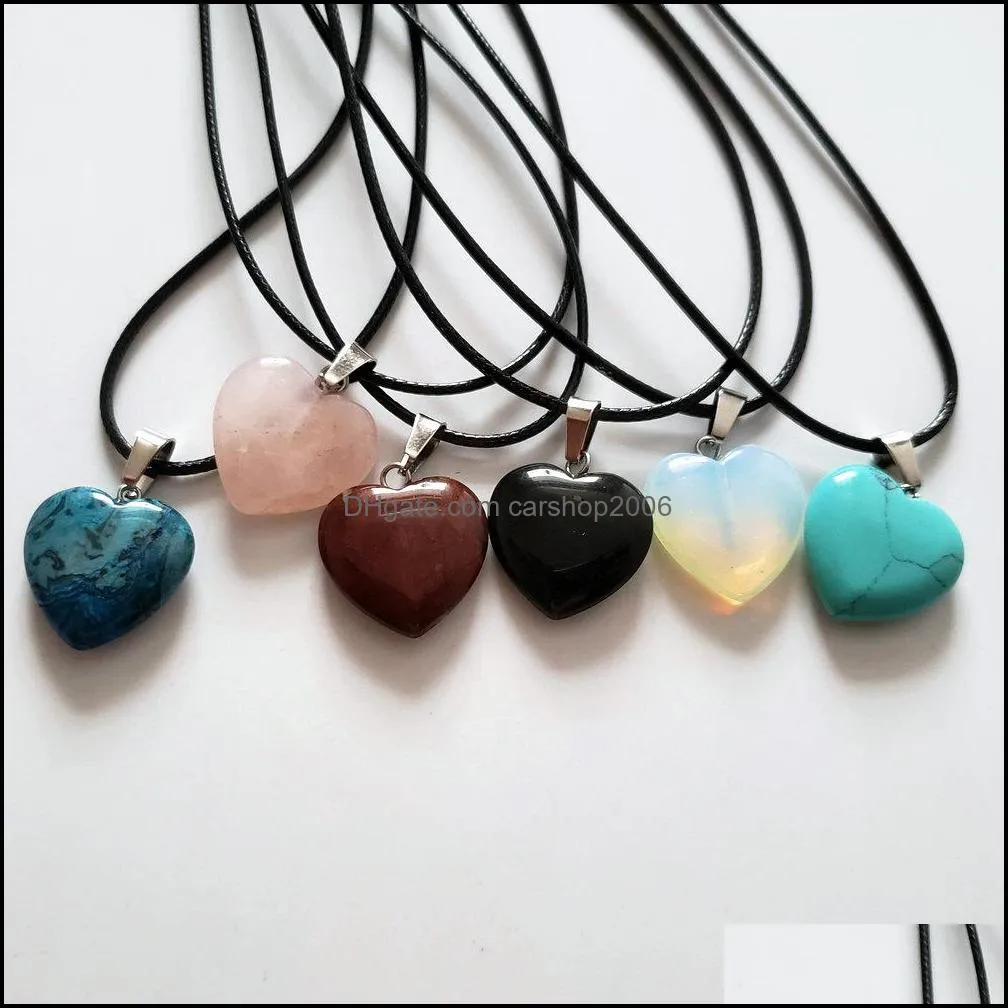 wholesale 24pcs/lot mixed natural stones pendants heart pendulum leather chains necklace reiki fashion jewelry 20mm