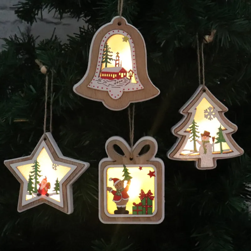 Wooden LED Christmas Tree Ornament Santa Claus Snowman Decoration Hanging Ornaments With Light Xmas Star Bell Shaped Decor BH4874 WLY