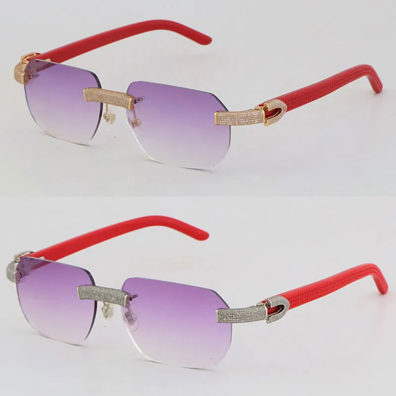 New Designer Micro-paved Diamond Set Rimless Metal Sunglasses 3524012 Red Plank Arms Square Sun Glasses Outdoor Design Classical Model Glasses 18K Gold Frame Size:57