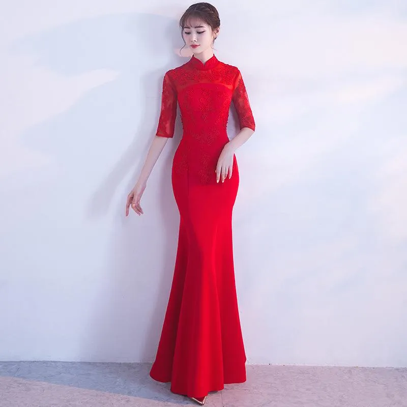 Casual Dresses Red Half Sleeve Elegant Oriental Lady Wedding Cheongsam Traditionell kinesisk brud Mermaid Dress Mandarin Collar Long Qipao