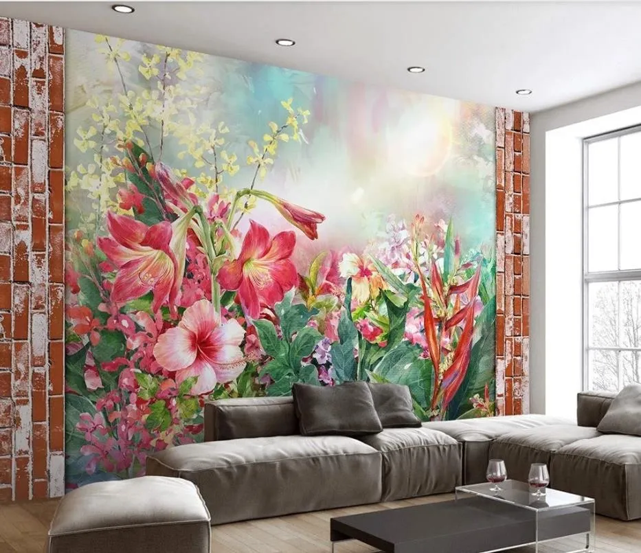 3d wallpaper mural Brick wall watercolor floral tropical jungle style home decor pegatinas de pared wallpaper for bedroom walls