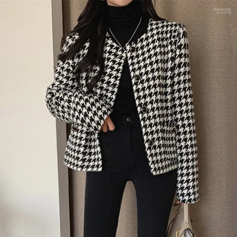 Kurtki damskie Plaid Tweed Women O Neck Długie rękawie biuro dama wełny płaszcze jesienne zimowe zniszczenie vintage koreańska elegancka moda