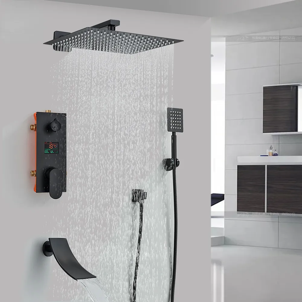 Matt svart badrum duschkran svart digital alla metall duschkranar set regnfall duschhuvud digital display mixer kran