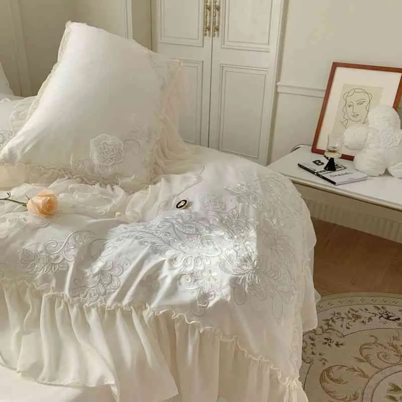 Franska flickor 140 tråd räknar bomull fyra stycken set pärla broderi chiffong kant quilt täcker lakan sängkläder