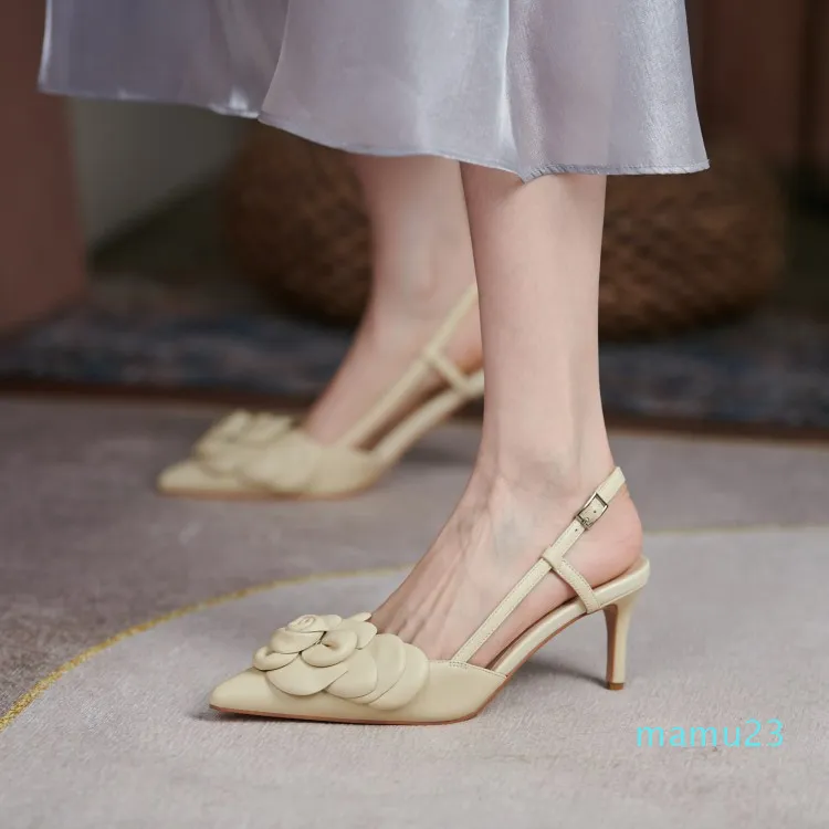 샌들 양가죽 뾰족한 발가락 스틸 레토 하이힐 꽃 패션 여성 신발 고전 샌들 가죽 2022