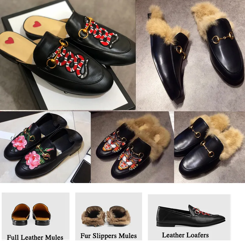 2019 Luxury Desiger Fur Mules Slipper 100% Real Leather Suede Metal Chain Slippers Loafers Shoes Dragon tiger snake Casual shoes SZ 5-12 NO14