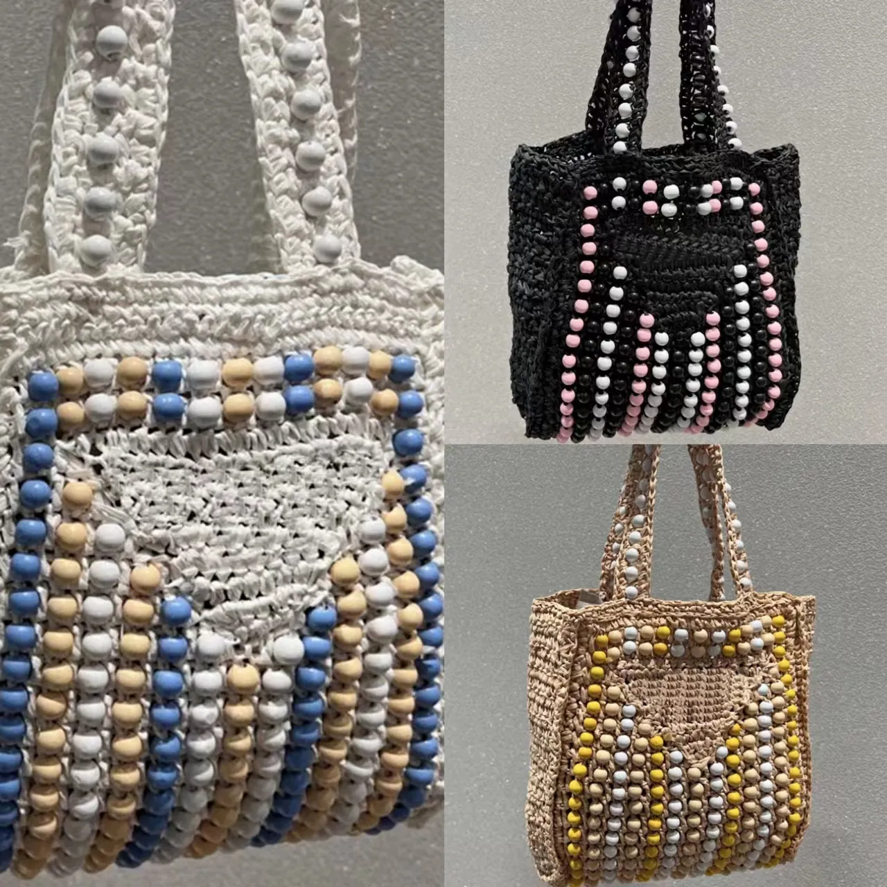 2022 Marcas de diseñador Letras huecas Bolsos de paja Tote Moda Papel Tejido Mujeres Bolsos de hombro Bolso de playa de verano de alta calidad Decoración de cuentas de colores de lujo 20.22cm