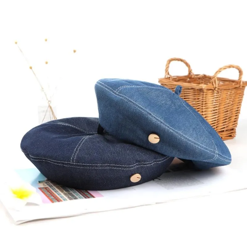 Berets vintage denim baret hat beanie kunstenaar massieve kleurschilder sboy pompoen voor vrouwen meisjes dagelijkse slijtage