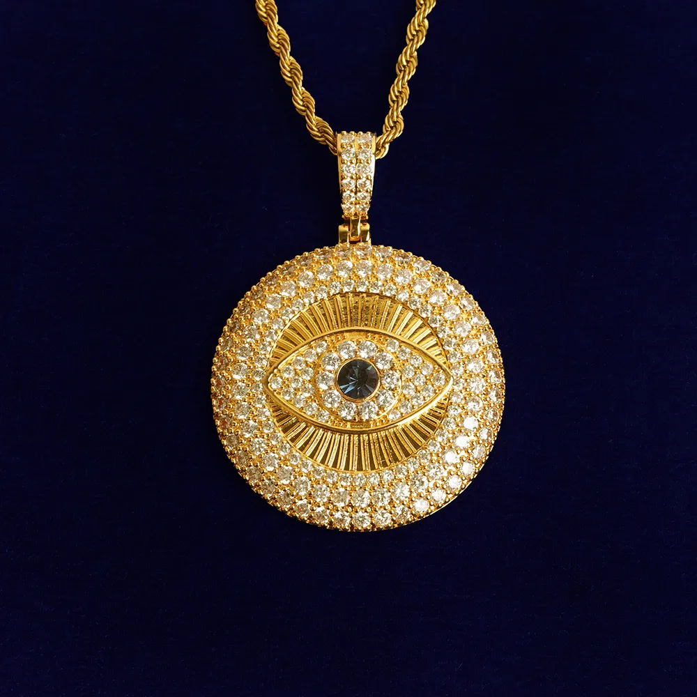 Mens Hip Hop Jewelry Iced Out CZ Round Eye Blue Eye Pendant In Gold And Silver From Hongziyu