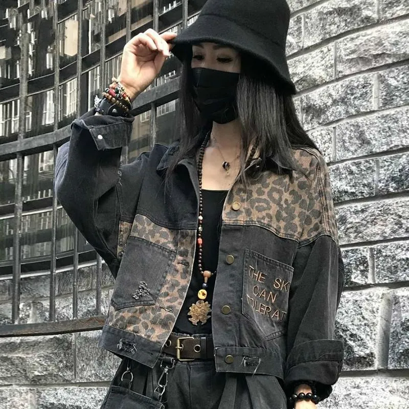 Harajuku Embroidery Denim Jacket 2022ヴィンテージブラックレオパードストリートウェーブパンクジャン服のコート