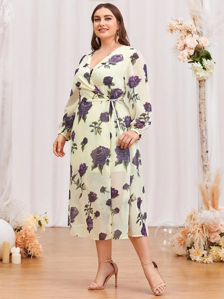 Grande taille robes prix de dédouanement femmes grand Midi 2022 été Chic élégant à manches longues fleuri soirée vêtementsplus