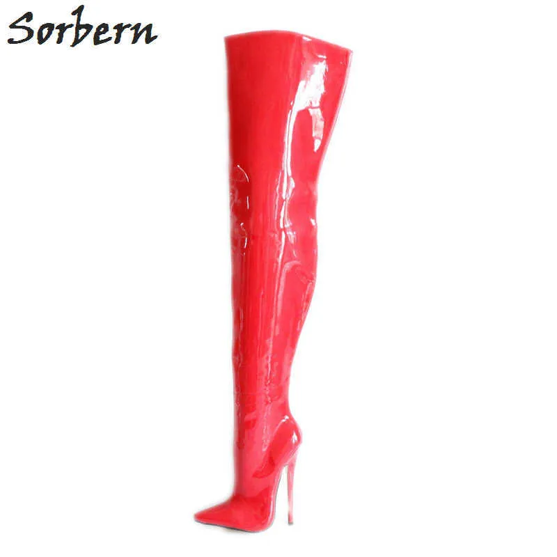 Sorbern Vermelho Botas Brilhantes Mulheres Eixo Hard Sobre O Joelho Permaneça Perna Largura Bezerro Disponível Crotch Tow High 18cm