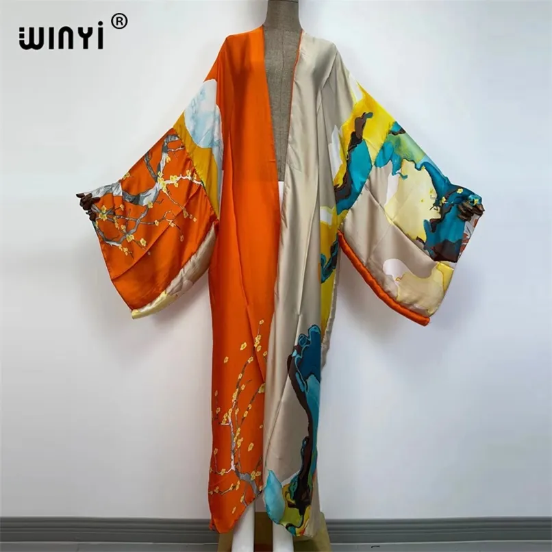 Kimonos Verano Kobiety Sukienka Print Done Cardigan Długie rękawie Kobieta Bluzka Losują swobodne pokrywę plażową Up Boho Dress Party Kaftan 220618