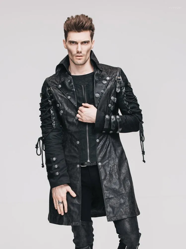 Men's Trench Coats Devil Fashion Steampunk Gothic Black Red Autumn Winter Outerwears Punk Faux Leather Military Uniform Long Jackets Viol22