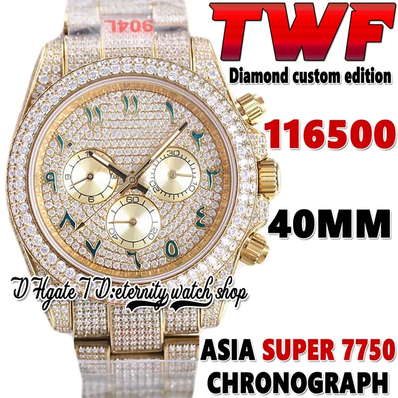 2022 TWF V3 cf116508 ETA 7750 SA7750 Chronographe Automatique Montre Homme jh116595 Diamant Vert Arabe Cadran 904L Acier Glacé Diamants Or Bracelet éternité Montres