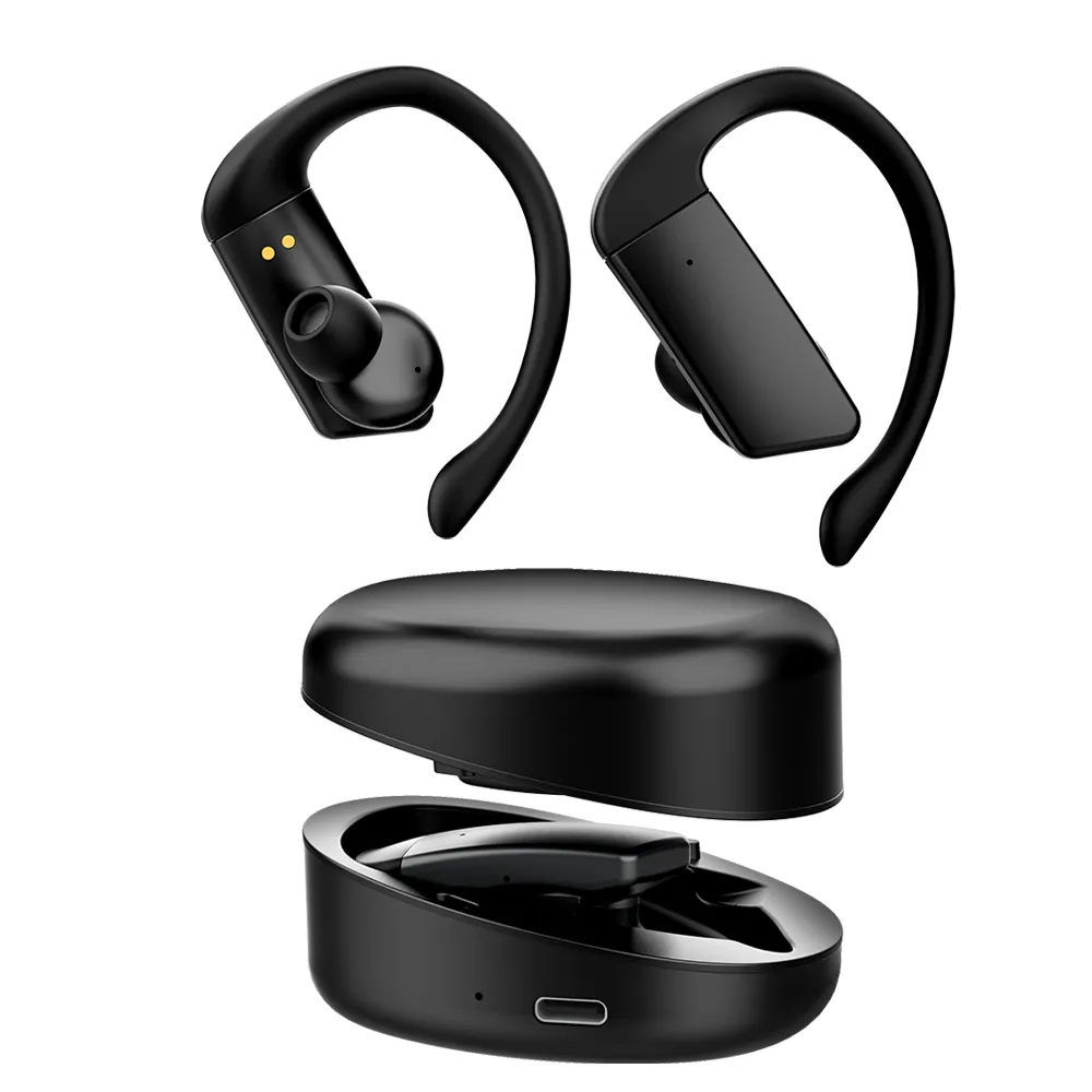 Bluetooth Mobiele Telefoon Oortelefoon Oorhaak Draadloze Headset Sport HD Oproep Oordopjes Voor Apple Samsung Xiaomi Smart Phone 300 mah Zwart Oplaaddoos Auto Pairing Handsfree