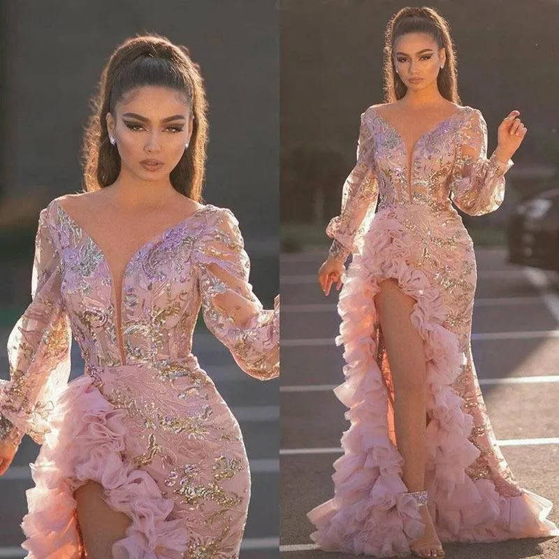 Soirée femmes élégant Sexy col en V fendu côté volants rose robe boîte de nuit bal de mariage longue Maxi grande taille