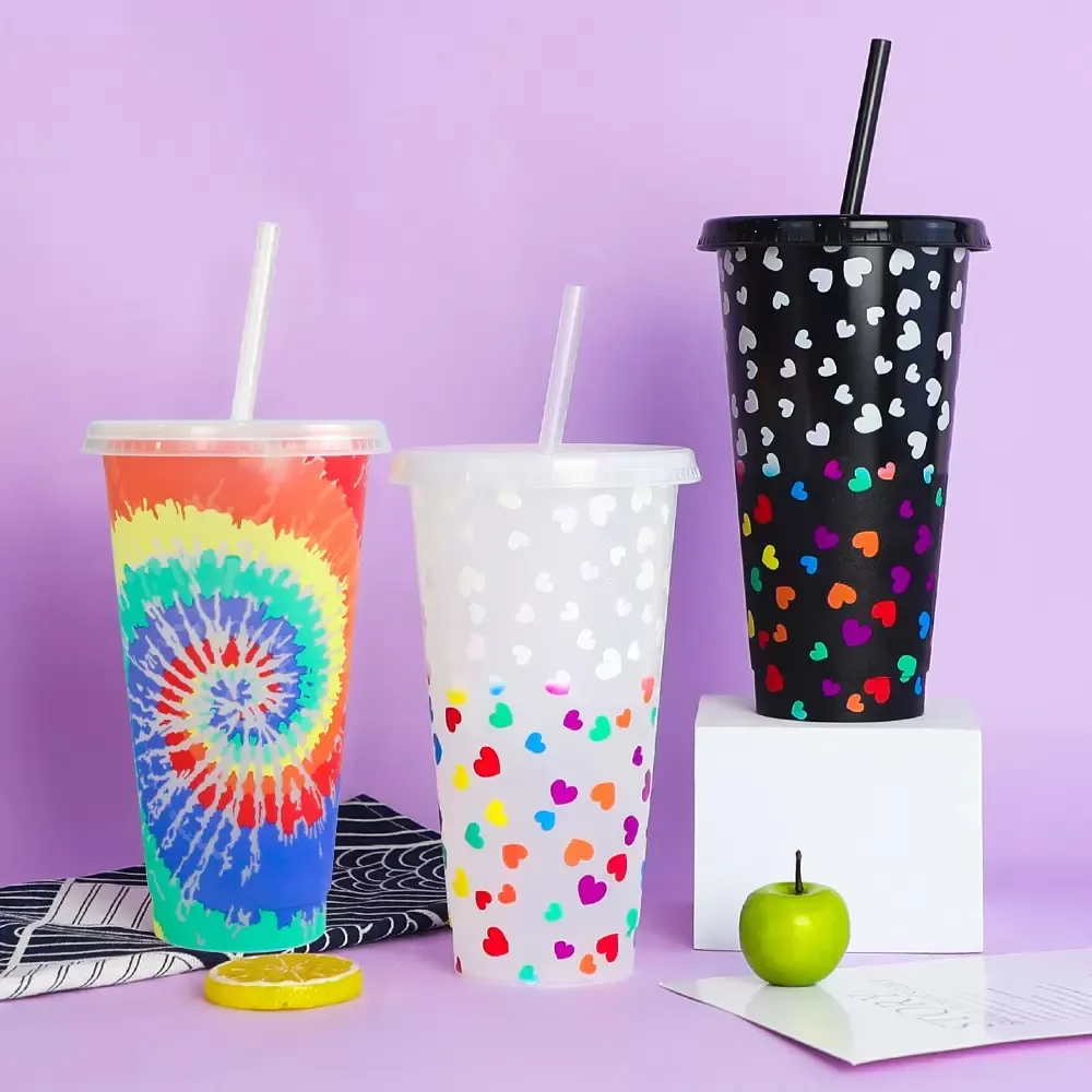 Sublimation Tumblers New temperature sensitive color changing cup PP beverage cold change fruit tea water single layer plastic straw cup manufacturer
