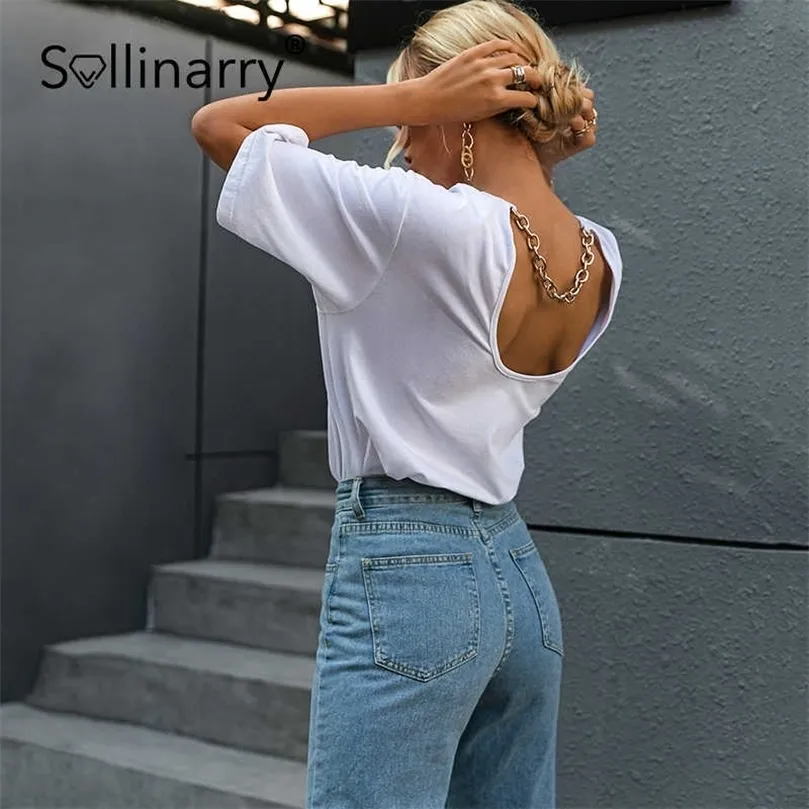 Sollinarry Casual Hollow Back White Women T-shirts katoen ronde nek ketting losse top femal high street mode zomer t-shirt 210709