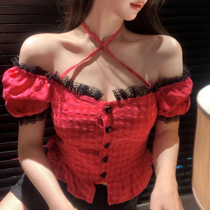 Women's T-Shirt Square Neck Lace Stitching Red Plaid Short-sleeved Women 2022 Summer Cross Tie Halter Sweet Casual Crop Tops
