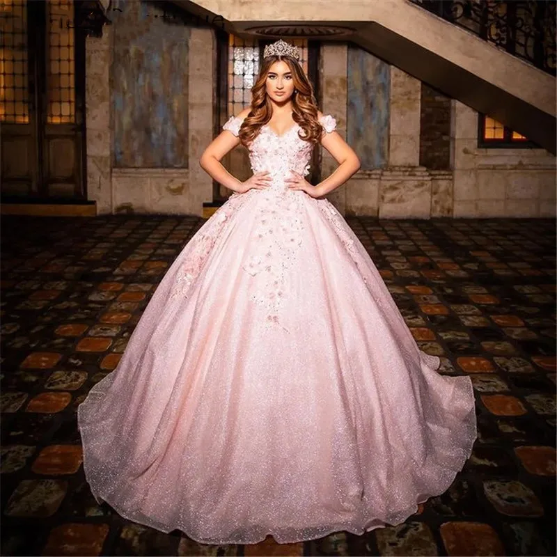 Rosa Ballkleid Quinceanera-Kleider, schulterfrei, 3D-Blumen, süßes 16-Kleid, Partykleidung, Brautboutique, Prinzessin Xv Anos, Schnürung