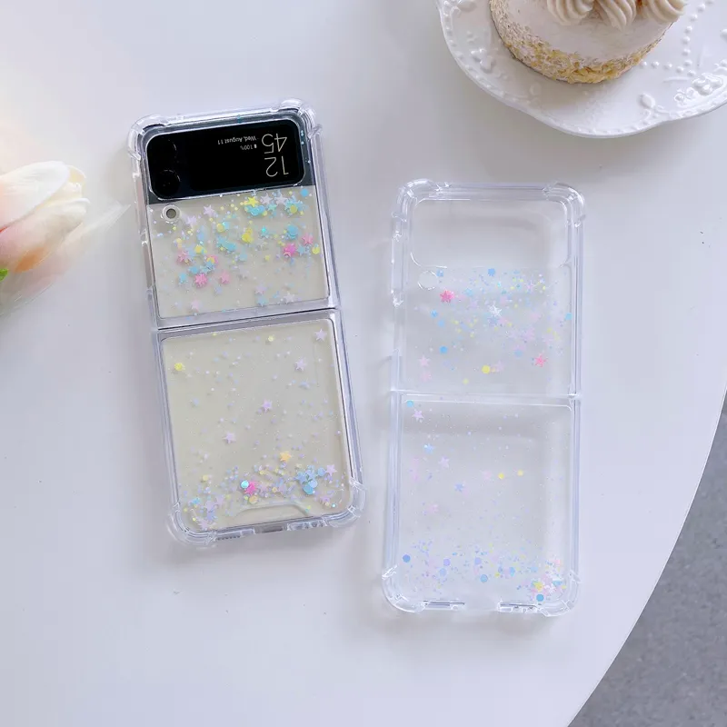 Per Samsung Z Flip 3 Custodia trasparente Dream Glitter Custodia pieghevole per telefono in acrilico morbido TPU antiurto con copertura posteriore