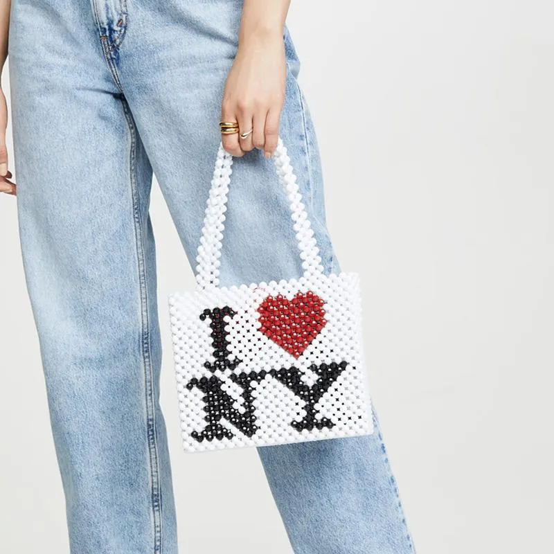 Evening Bags Ins Fashion White Handmade Beaded Bag I Love YORK Letter Bulk For Woman Shoulder Messenger BagEvening