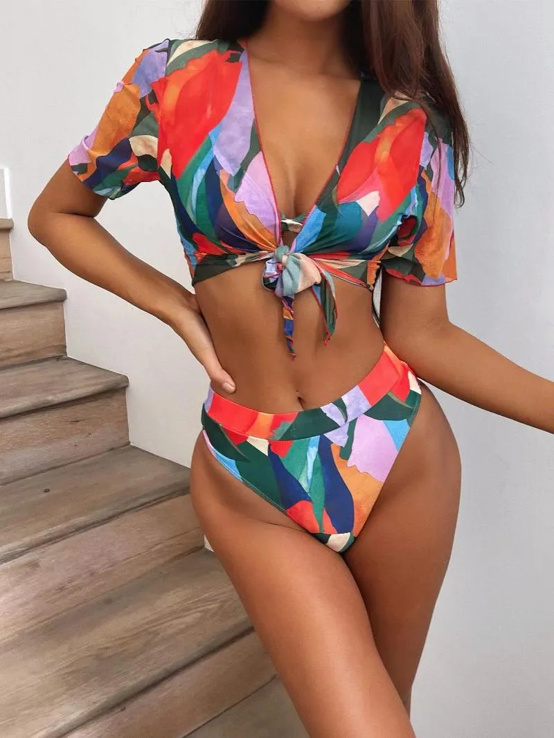 Women's Swimwear Colorful Female Swimsuit High Waist Bikini Women Three-pieces Set Short Sleeve Bather Bathing Suit Swim