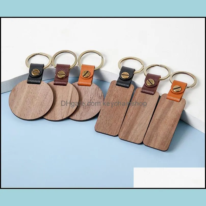 Blank Leather and Wood Keychain Rectange Round Wooden Key Ring for Personalized Engraving Carving Luggage Decoration