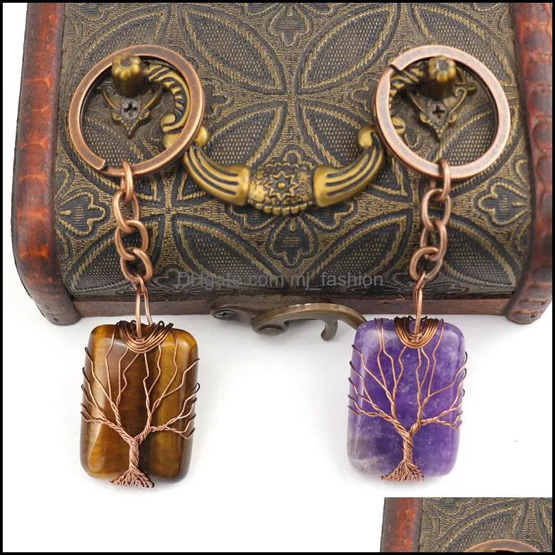 retro handmade tree of life key rings rectangle natural stone healing crystal quartz keychain keys chain key rin mjfashion