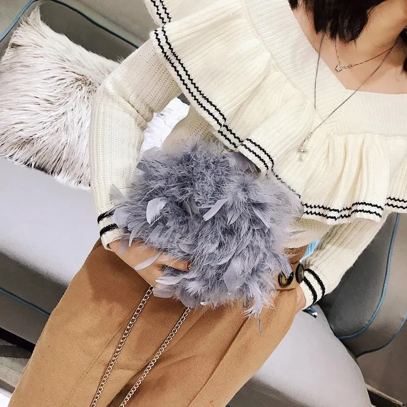 Evening Bags Luxury Feathers Fur Handbags For Women Clutch Bag Female Mini Purse Party Wedding Crossbody Chain Shoulder BagEvening