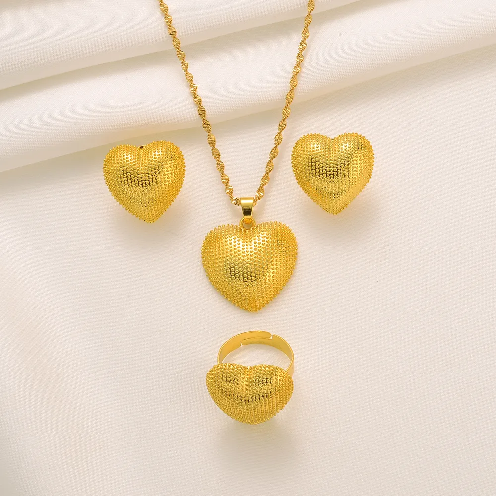 24k Solid Fine Gold GF sets Jewelry Necklace pendant Earring ring heart set Dubai Africa Habesha Arab Glittering