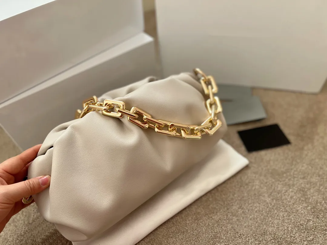 White Soft Leather Chain Shoulder Crossbody Bag Gold Chain Purse Cloud  Dumpling