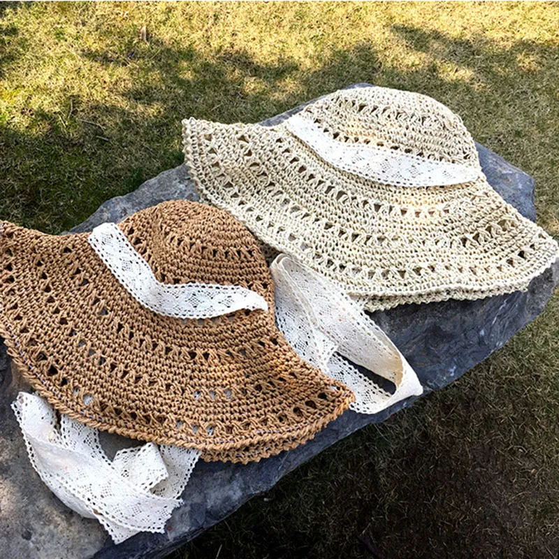 Summer Strappy Sun Protection Beach Hat Women Hollow Wide Brim Straw Hats Foldable Grass Braid Sunshade Cap